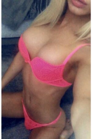 Blonde TS Leeds escort in pink underwear