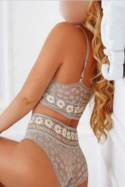grey floral pattern underwear on blonde Aldershot escort