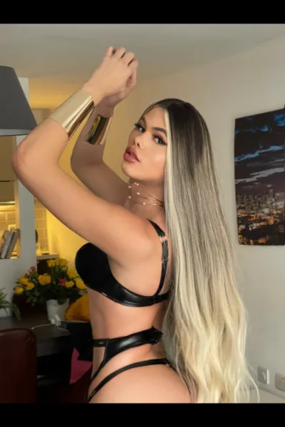 TS Kendall in black leather lingerie