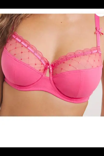 Closeup of Bridgend escorts breasts in pink bra