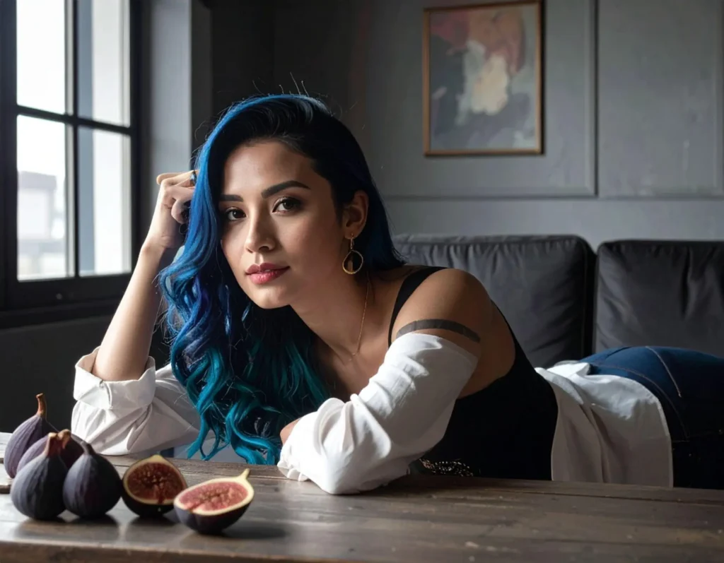 Blue haired woman posing for the camera