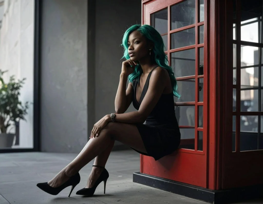 Green haired woman near a phone box