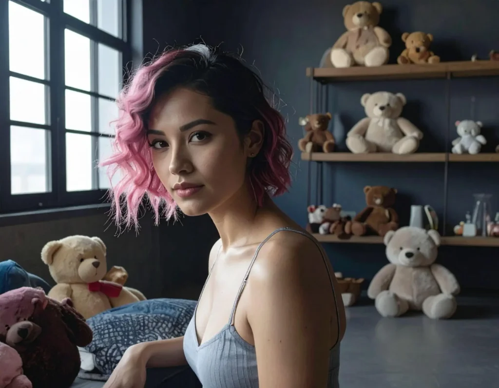 Pink haired woman posing near teddies