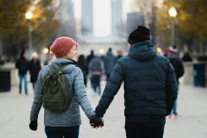 Couple holding hands in the street